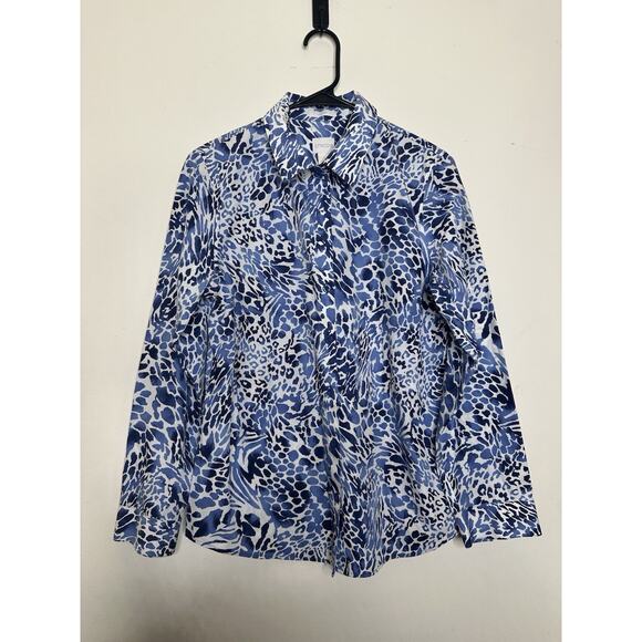 Chicos Size 1 US 8 Blue Leopard Print No Iron Button Front Shirt Collared - Picture 1 of 7